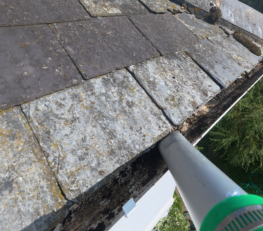 Gutter vacuum working along a slate-roof gutter once the leaves are down