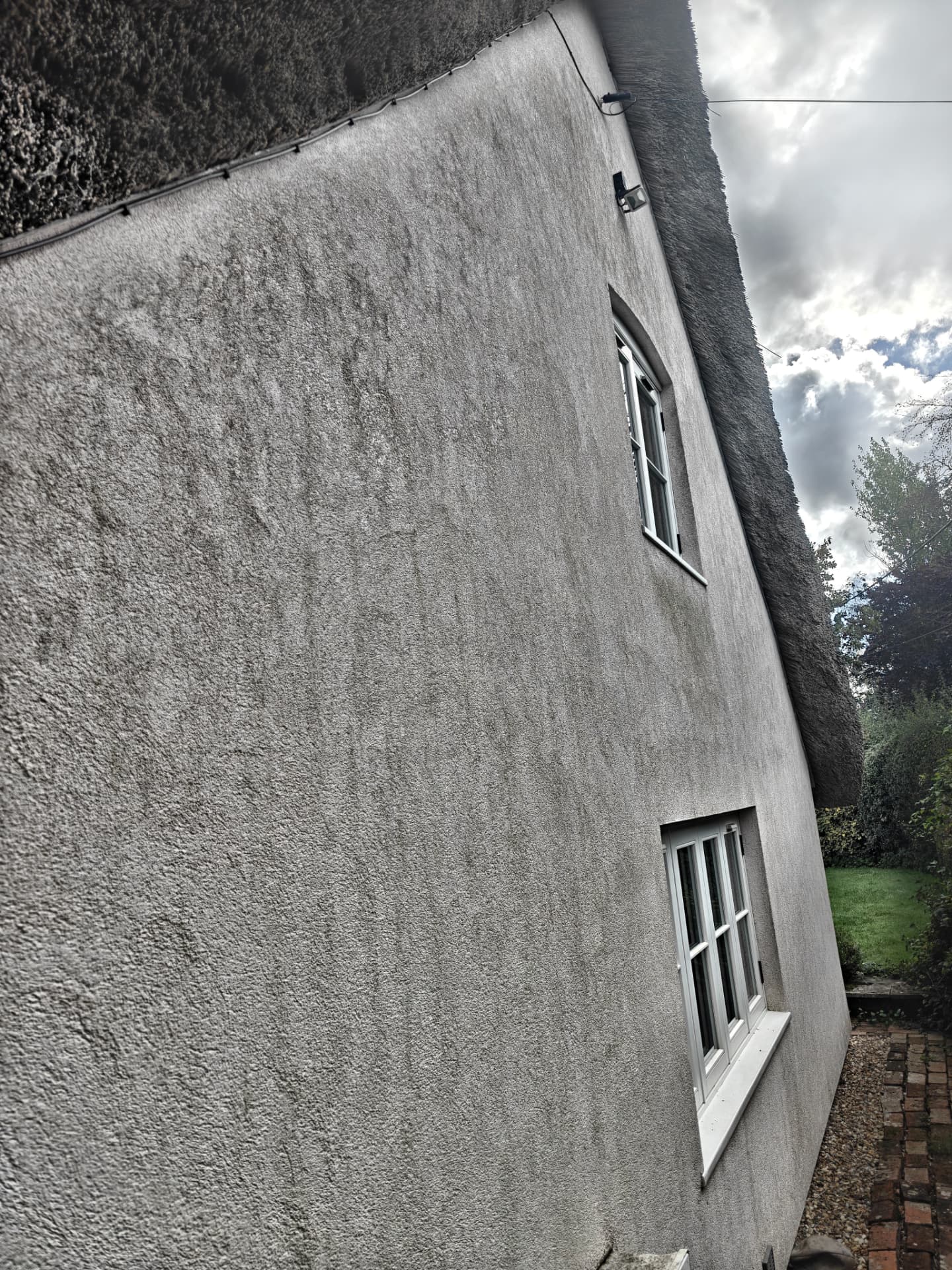 Organic staining across the render of a cottage wall